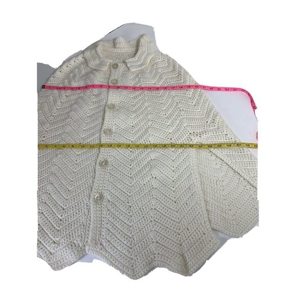 Vintage Handmade Crochet Knit Ivory Boho Poncho Button Down Ladies MED Hippie 70 - Picture 4 of 8